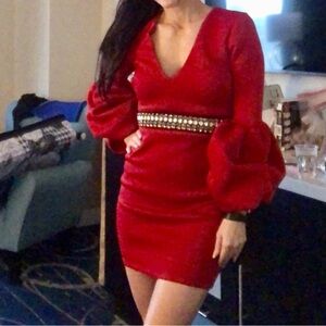 Bebe scuba puff sleeve pageant interview red dress cocktail 4